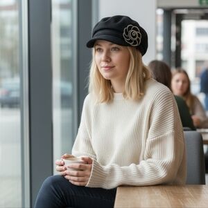 Black Hat with Silver Flower